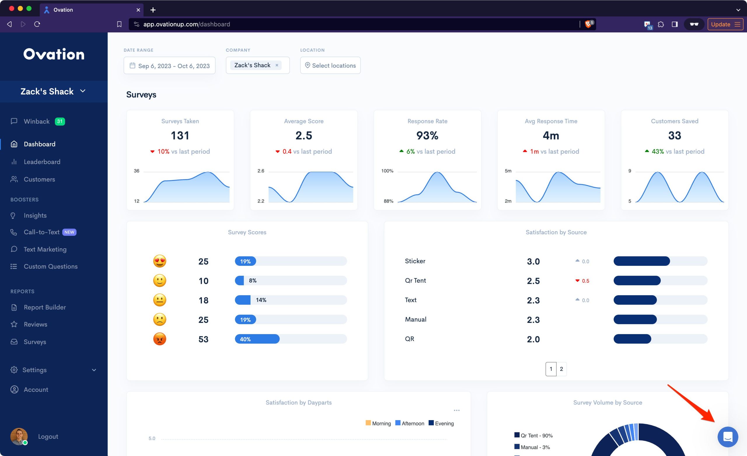 An image depicting where Ovation customers can find a support chat within the Ovation platform.